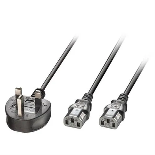 Lindy 2.5m UK 3 Pin Plug to 2 x IEC C13 Splitter Extension Cable Black