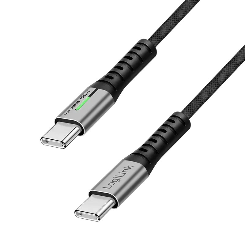 LogiLink USB 2.0 Type-C cable. C/M to C/M. 480 Mbps. 100W. LED. nylon.