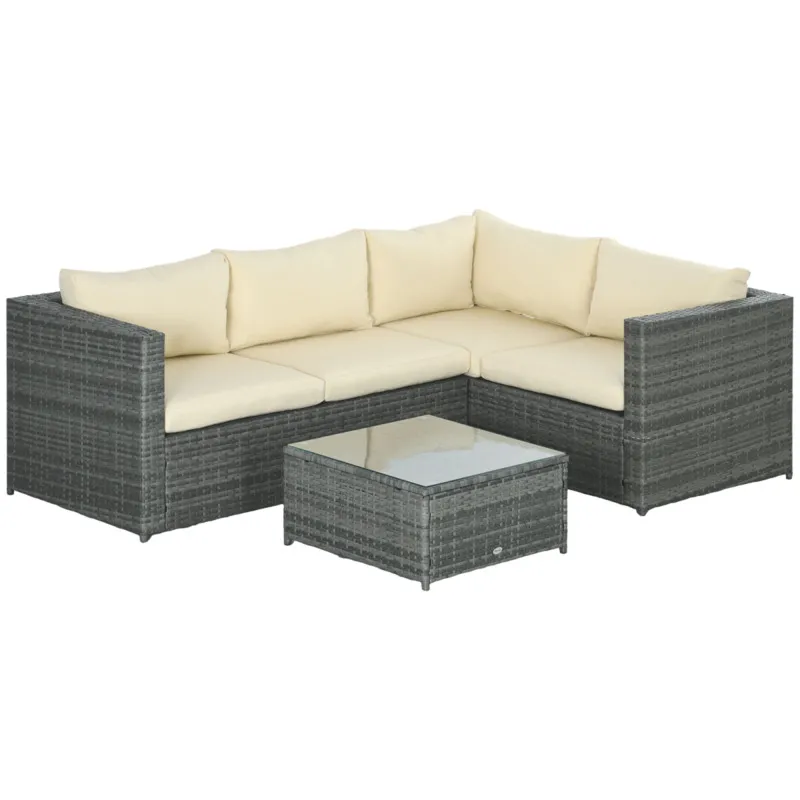 Outsunny 3Pcs Rattan Corner Sofa Set Coffee Table Garden Furniture w/ Cushion