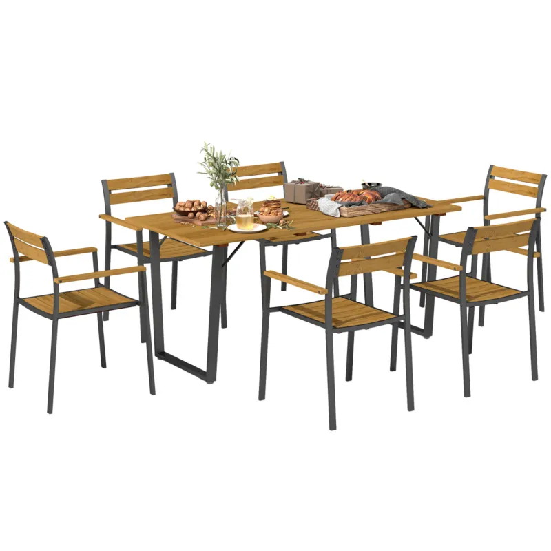 Outsunny 7 Piece Garden Dining Set With Table And 6 Stackable Chairs, Brown