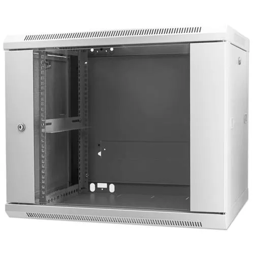 Intellinet 19" Network Cabinet - Wall Mount (Standard) 9U 450mm Deep Grey Assembled Max 60kg Suitable also for use on desk or floor Usable Depth 350mm Metal & Glass Door Back Panel Removeable Sides Parts for wall install (eg screws/rawl pl