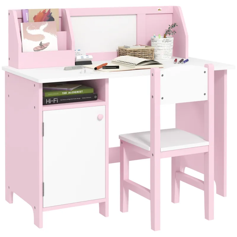Homcom 2 Pcs Childrens Table And Chair Set W/ Whiteboard Storage - Pink