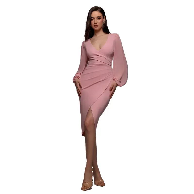 Balloon Sleeve Wrap Dress Women Goddiva Midi