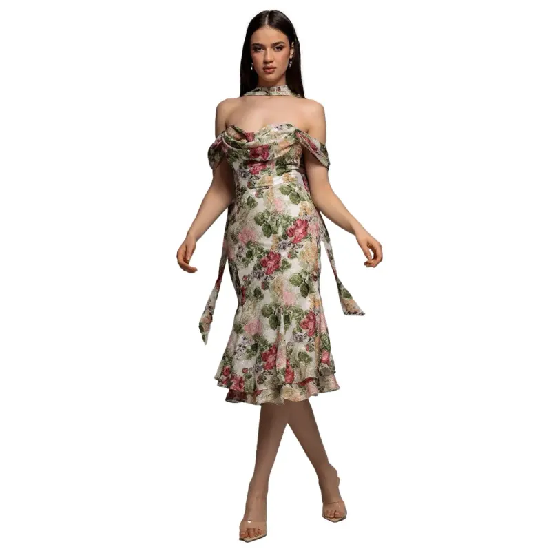 Jacquard Chiffon Dress Women Goddiva Midi