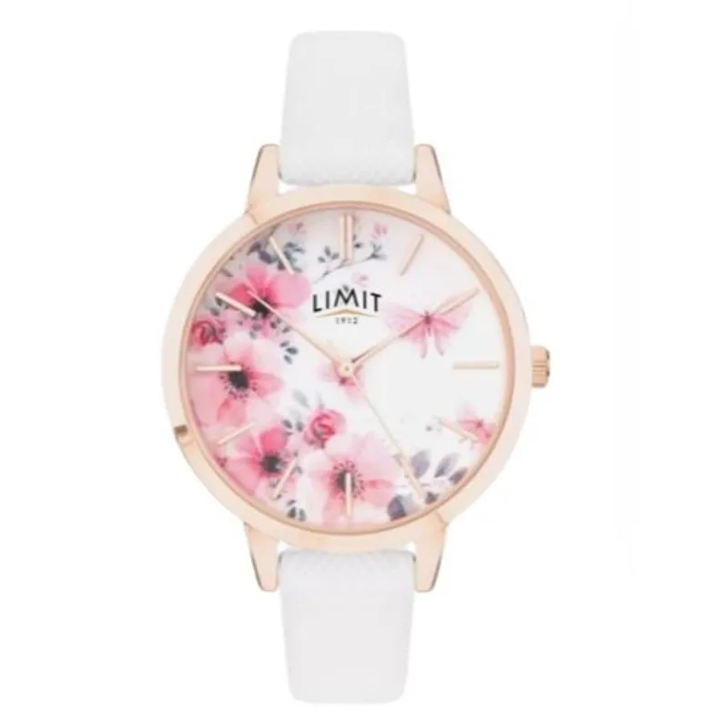 Limit Ladies Secret Garden Pink & White Floral Dial White Leather Strap Watch 60021